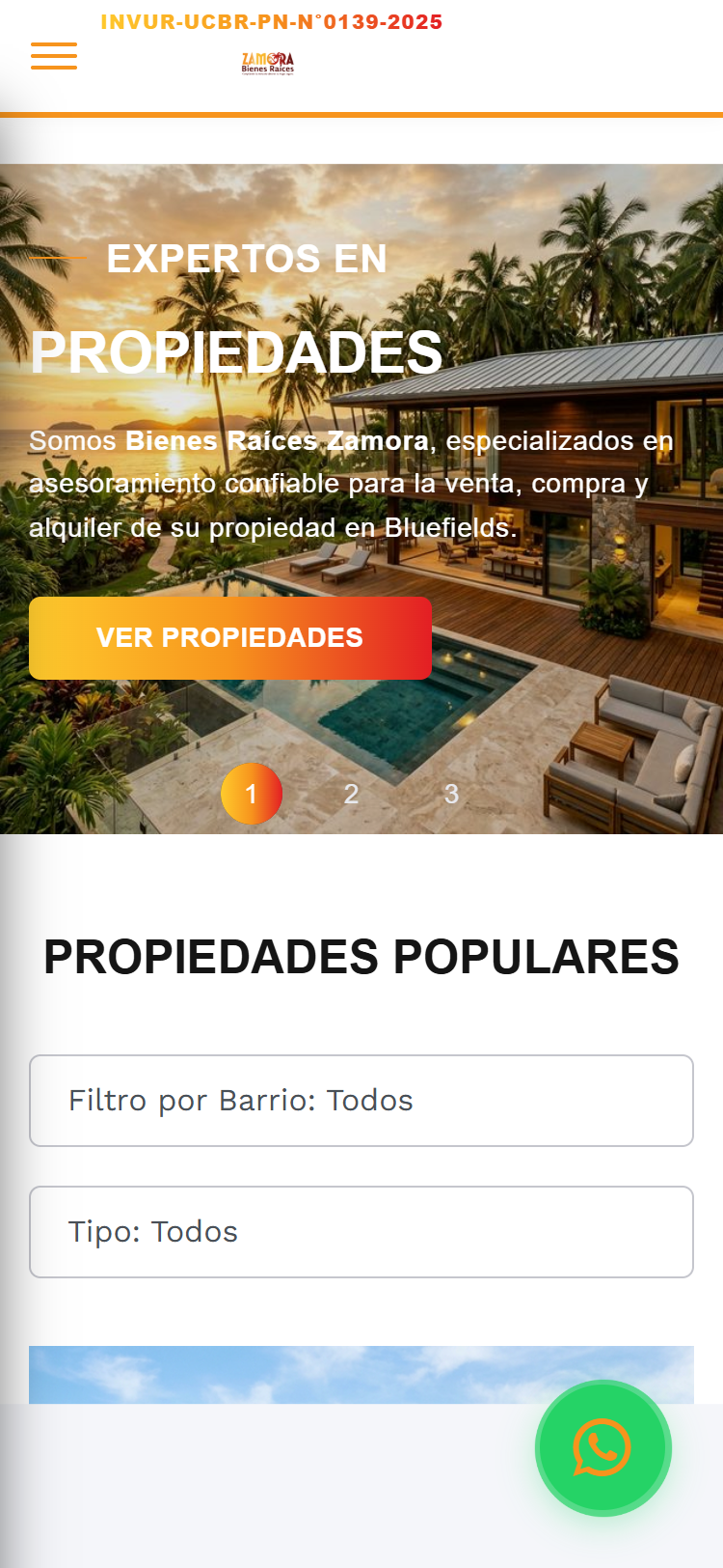 Zamora Inmobiliaria - Interfaz móvil optimizada para búsqueda de propiedades